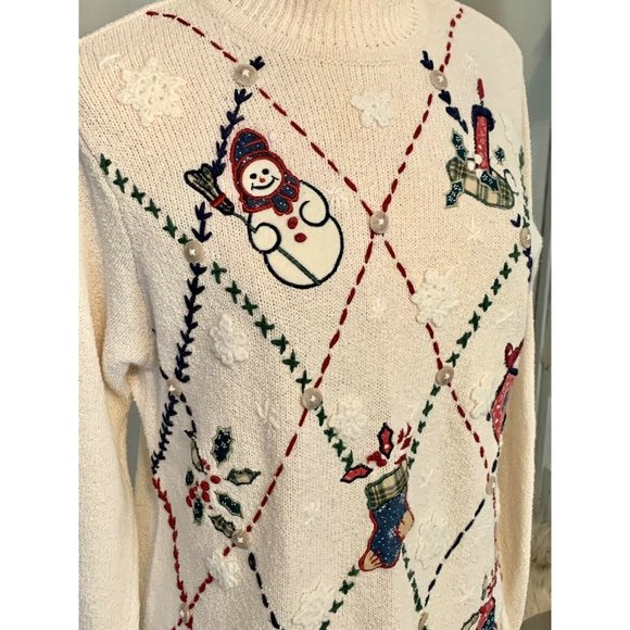 Vintage Christmas sweater pullover cream plaid Victoria Jones size M snowman - Picture 7 of 9